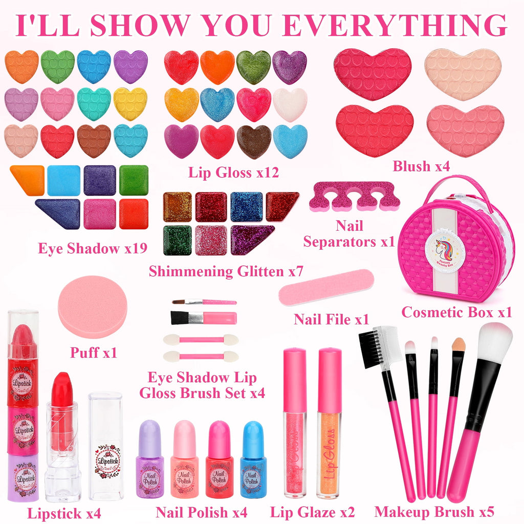 Kids Makeup Kit for Girl Toys, Sendida 66PCS Washable Little Girls Makeup Toy for Toddlers Children Princess Birthday Gift for 3-12 Year Old Girl