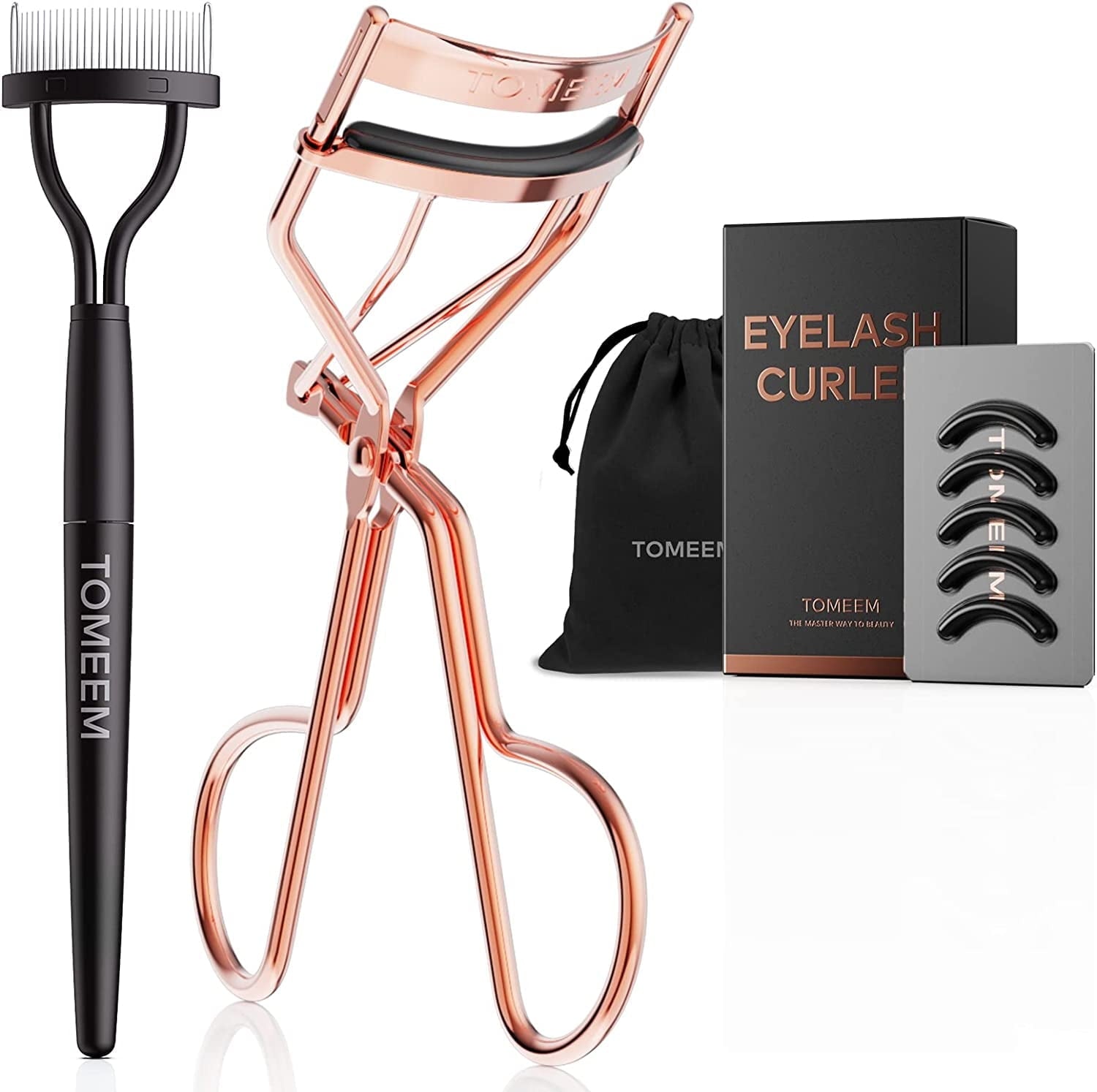 Eyelash Curler with Comb & 5 Black Peplaceable Silicone Pads Rose Gold Metal Eyebrow Curler for All Eye Types
